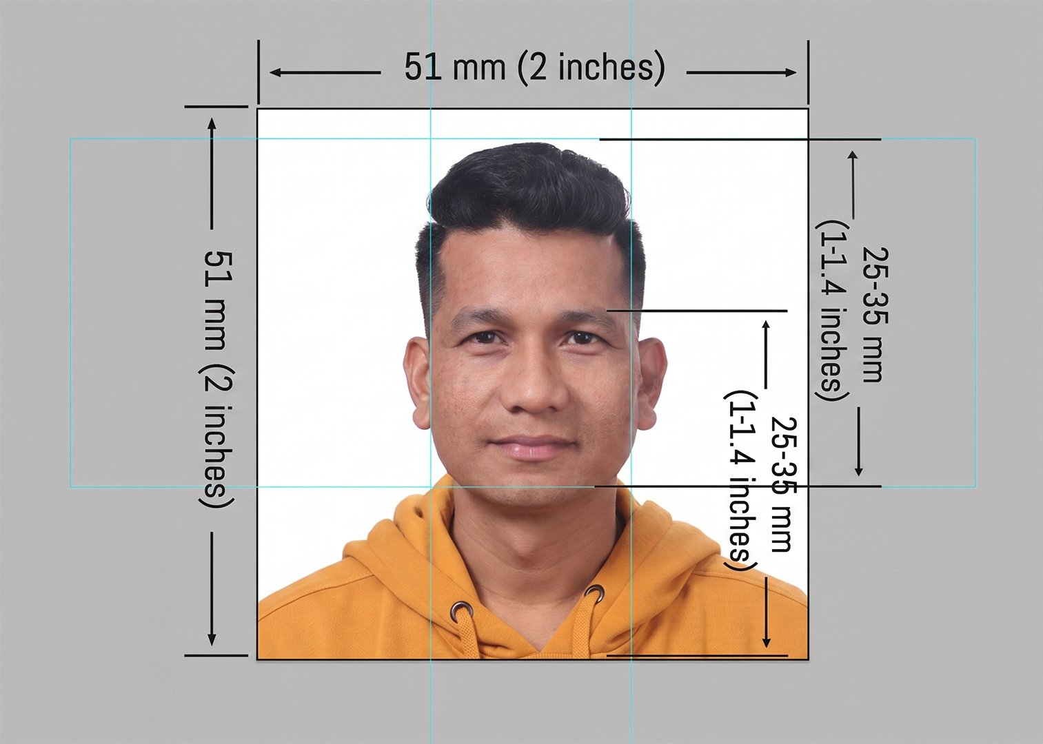 DS-160 visa photo size requirements showing 2x2 inch US visa photo dimensions prepared by Photo Studio Service Kathmandu