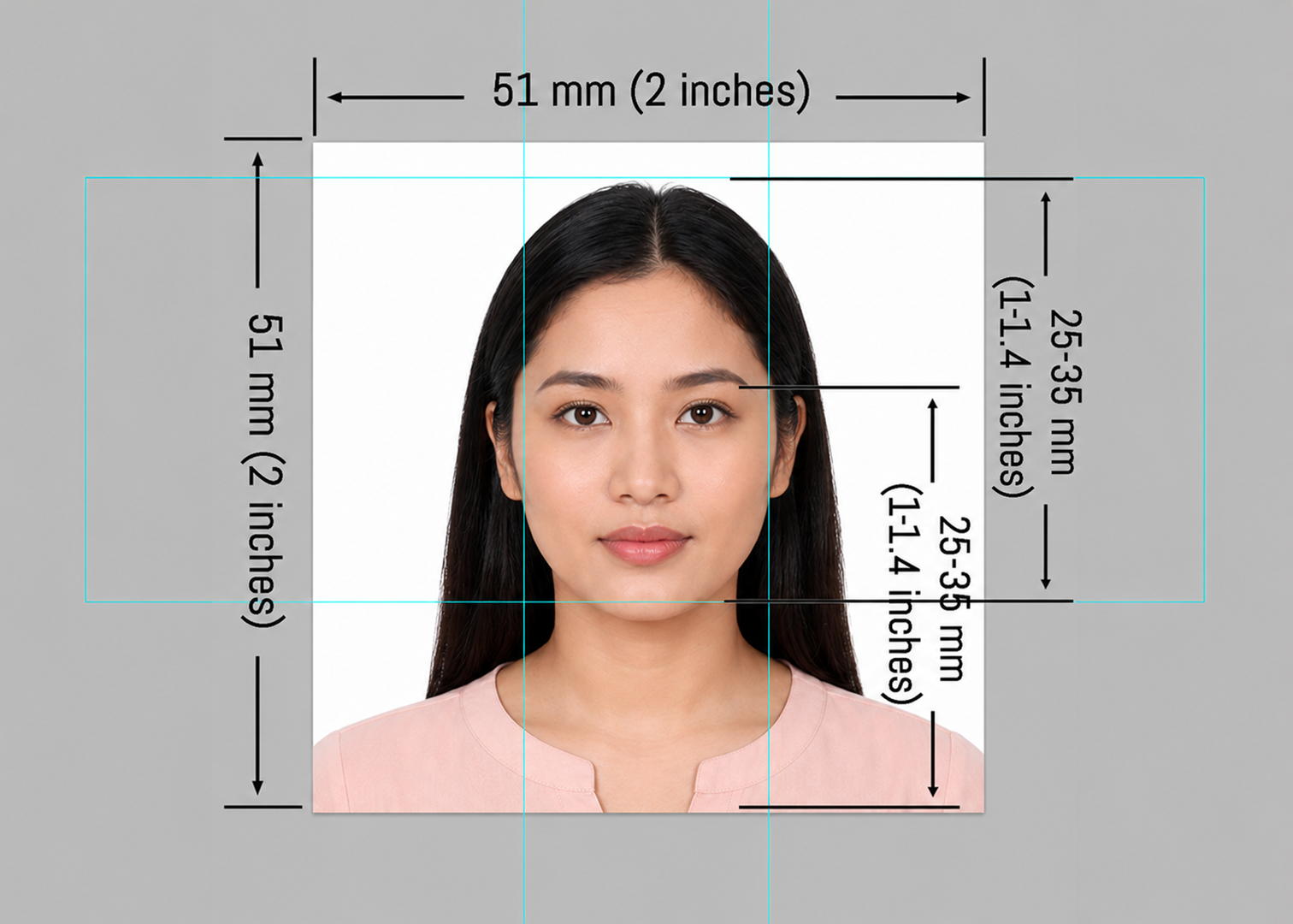 DS-160 visa photo size requirements showing 2x2 inch US visa photo dimensions